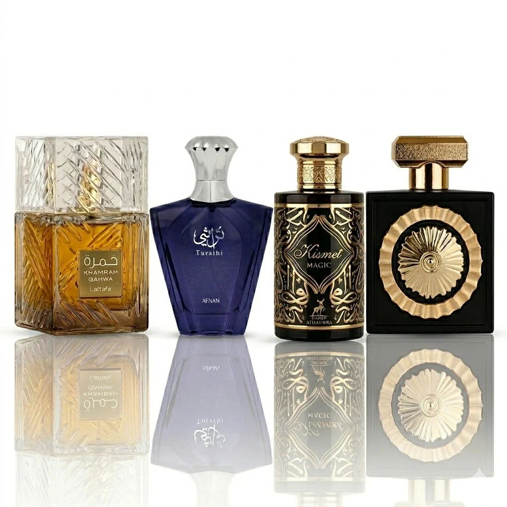 Set od 4 parfema | Lattafa Khamrah Qahwa, Afnan Turathi Blue, Maison Alhambra Kismet Magic, Lattafa Nebras