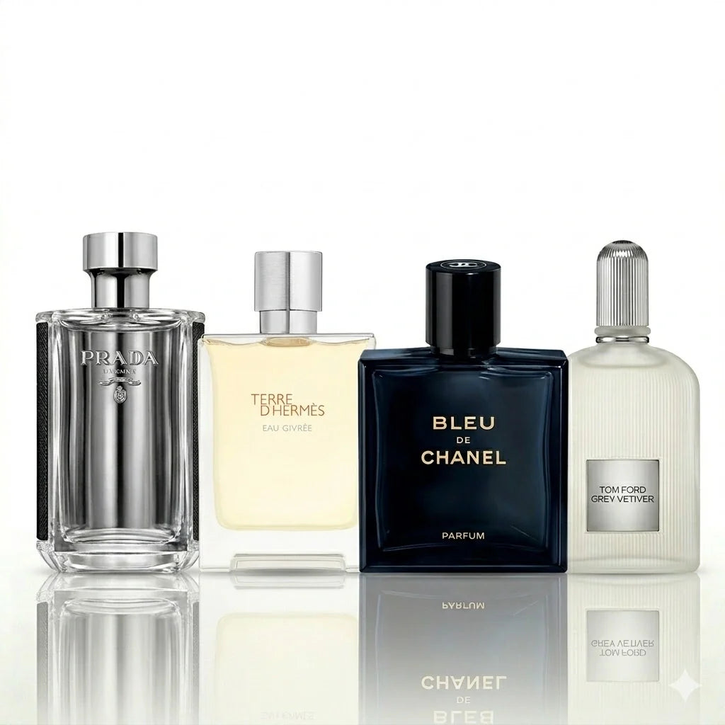 Set od 4 parfema | Prada L’Homme, Terre d’Hermès Eau Givrée, Bleu de Chanel Parfum, Tom Ford Grey Vetiver