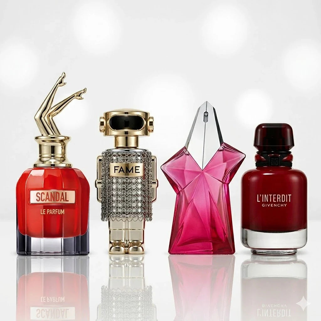 Set od 4 parfema | Jean Paul Gaultier Scandal Le Parfum, Paco Rabanne Fame, Mugler Angel Nova, Givenchy L'Interdit Rouge