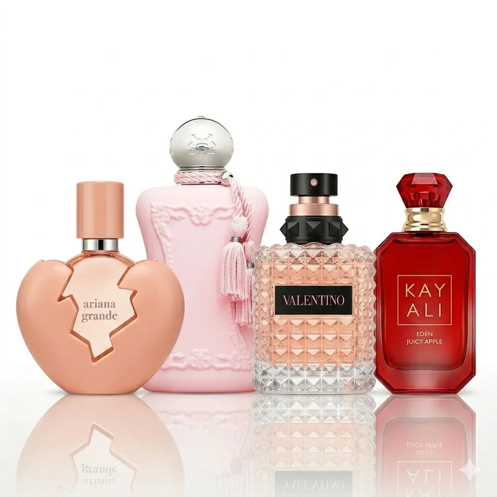 Set od 4 parfema | Ariana Grande Thank U Next, Parfums de Marly Delina Exclusif, Valentino Donna Born In Roma e Kayali Eden Juicy Apple.