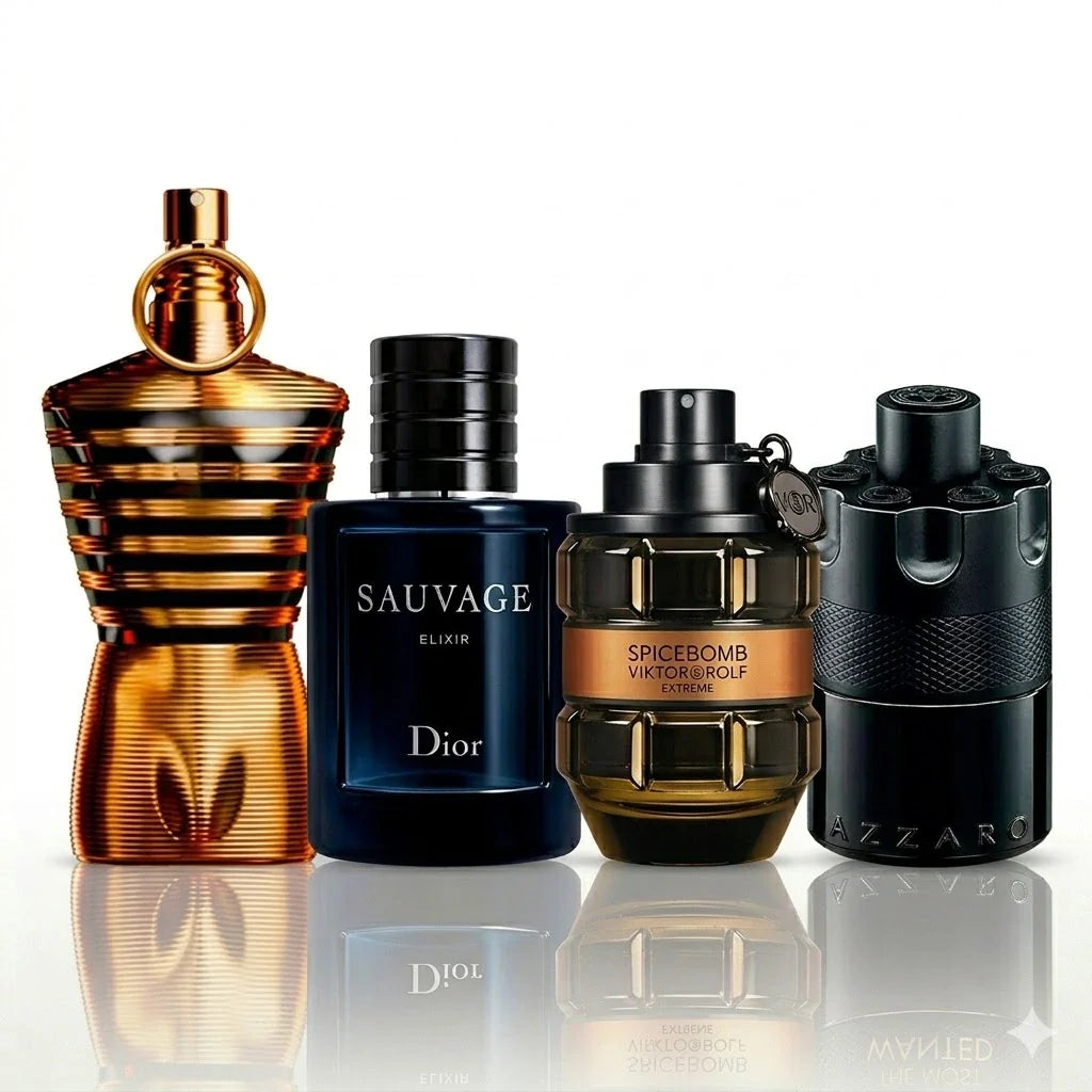Set od 4 parfema | Jean Paul Gaultier Le Male Elixir, Dior Sauvage Elixir, Viktor&Rolf Spicebomb Extreme, Azzaro The Most Wanted